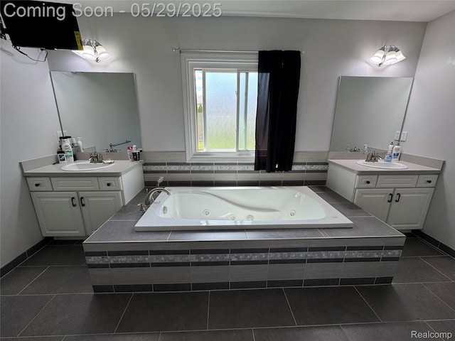 56098 Walker Ct, Macomb, MI 48042 - full bath with tile patterned flooring, a tub with jets, two vanities, and baseboards