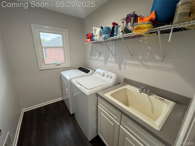 56098 Walker Ct, Macomb, MI 48042 - washroom featuring washer and clothes dryer, dark wood-style flooring, cabinet space, and baseboards