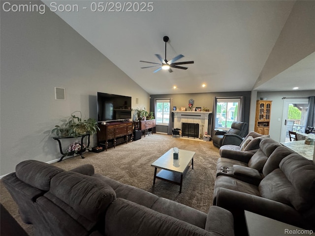 56098 Walker Ct, Macomb, MI 48042 - carpeted living area featuring a ceiling fan, healthy amount of natural light, baseboards, a fireplace, and recessed lighting