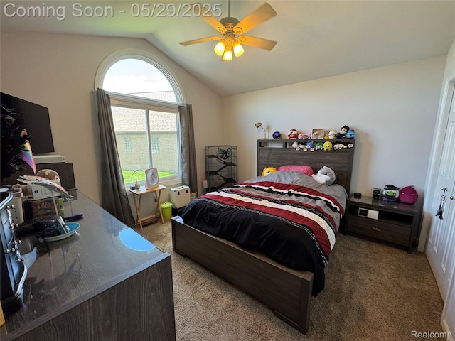 56098 Walker Ct, Macomb, MI 48042 - bedroom featuring vaulted ceiling, carpet, and a ceiling fan