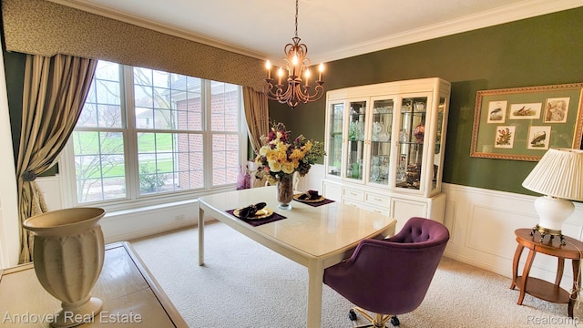 2004 Timberview Dr, Okemos, MI 48864 - dining space featuring a chandelier, light colored carpet, ornamental molding, and a wainscoted wall
