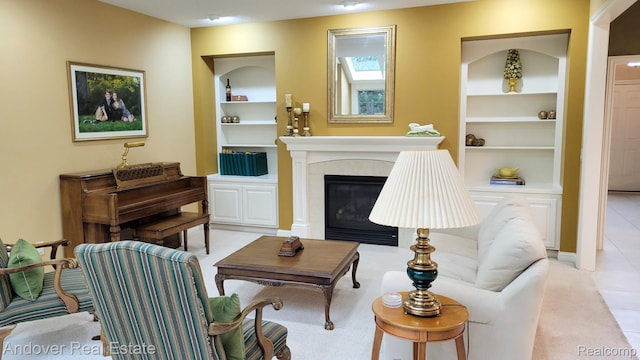 2004 Timberview Dr, Okemos, MI 48864 - living area featuring built in shelves and a tile fireplace
