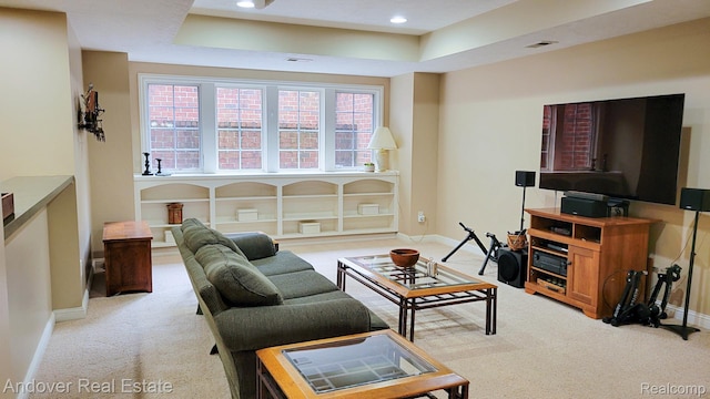 2004 Timberview Dr, Okemos, MI 48864 - living room with light carpet, a raised ceiling, baseboards, and recessed lighting