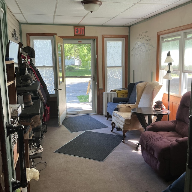 121 W State St, Reading, MI 49274 - carpeted living area with radiator, a paneled ceiling, and healthy amount of natural light