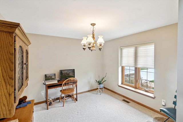 office with carpet floors, baseboards, visible vents, and an inviting chandelier