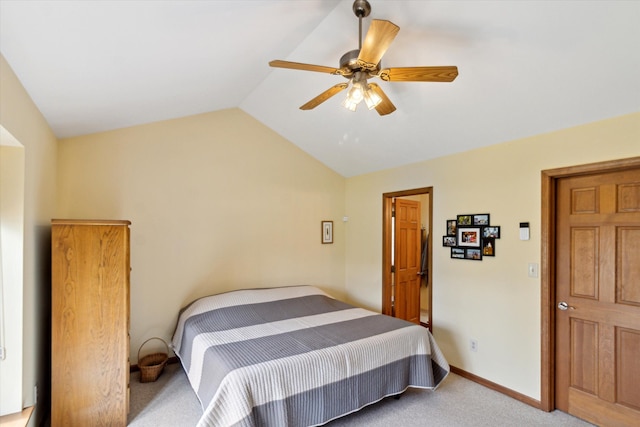 bedroom featuring a ceiling fan, baseboards, vaulted ceiling, and carpet
