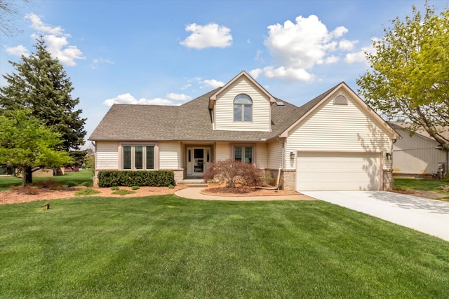 traditional home featuring a garage, a front lawn, roof with shingles, brick siding, and driveway