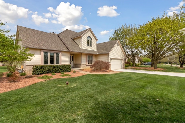 view of front of home with an attached garage, driveway, a shingled roof, and a front lawn