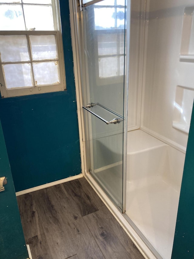 3309 Temple St, Muskegon, MI 49444 - full bath featuring a shower with door, a healthy amount of sunlight, and wood finished floors