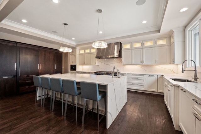1044 Lakeside Dr, Birmingham, MI 48009 - kitchen featuring a raised ceiling, a sink, wall chimney range hood, and dark wood-style floors