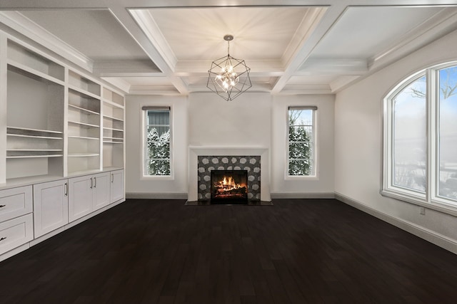 1044 Lakeside Dr, Birmingham, MI 48009 - unfurnished living room featuring beamed ceiling, baseboards, an inviting chandelier, and dark wood finished floors