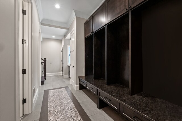 1044 Lakeside Dr, Birmingham, MI 48009 - mudroom with baseboards, ornamental molding, recessed lighting, light tile patterned floors, and visible vents