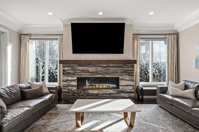 1044 Lakeside Dr, Birmingham, MI 48009 - living room featuring wood finished floors, a fireplace, ornamental molding, and recessed lighting