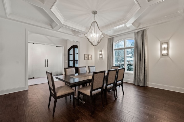 1044 Lakeside Dr, Birmingham, MI 48009 - dining area featuring dark wood-type flooring, a notable chandelier, baseboards, and coffered ceiling