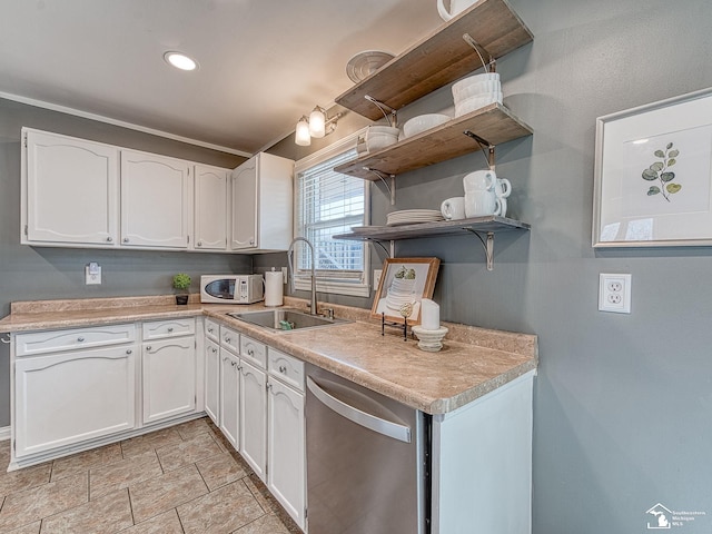 kitchen featuring a sink, open shelves, white cabinetry, dishwasher, and white microwave