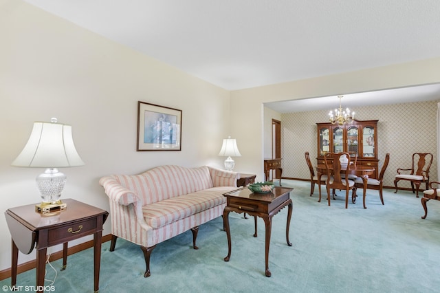 4129 Hailey Dr, Saint Joseph, MI 49085 - living area featuring wallpapered walls, light carpet, baseboards, and a chandelier