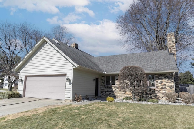 ranch-style house featuring a front yard, roof with shingles, concrete driveway, a chimney, and a garage