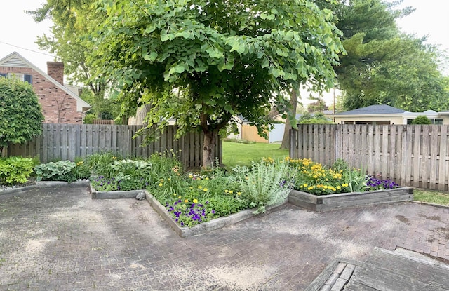 view of yard with a garden, a fenced backyard, and a patio