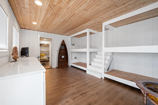 bedroom featuring wood finished floors, wooden ceiling, and recessed lighting