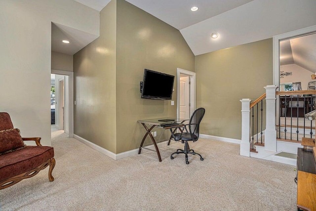 carpeted home office featuring baseboards, vaulted ceiling, and recessed lighting