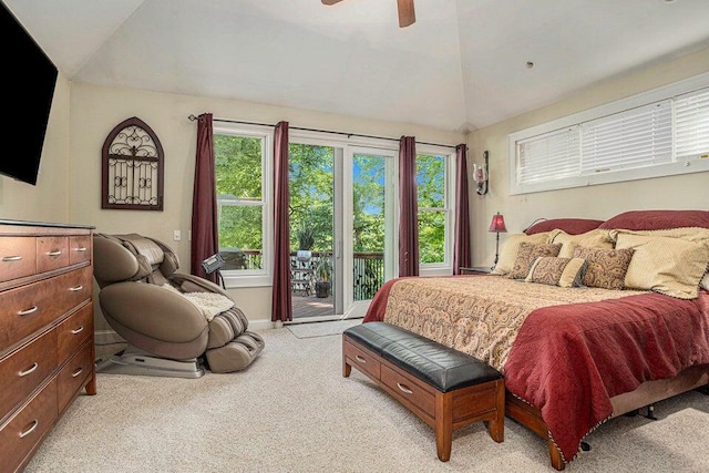 bedroom featuring access to exterior, vaulted ceiling, ceiling fan, and light carpet