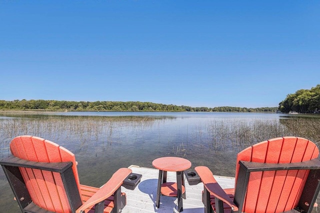 view of dock with a water view and a forest view