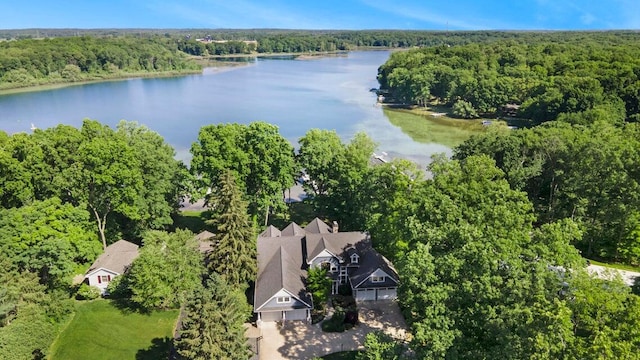 bird's eye view with a water view and a wooded view