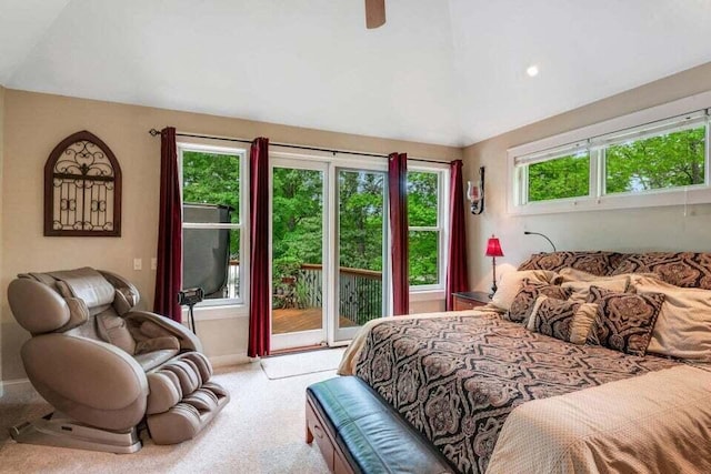 bedroom with carpet floors, a ceiling fan, access to outside, lofted ceiling, and baseboards