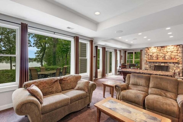 living area with a raised ceiling, a wealth of natural light, baseboards, and visible vents