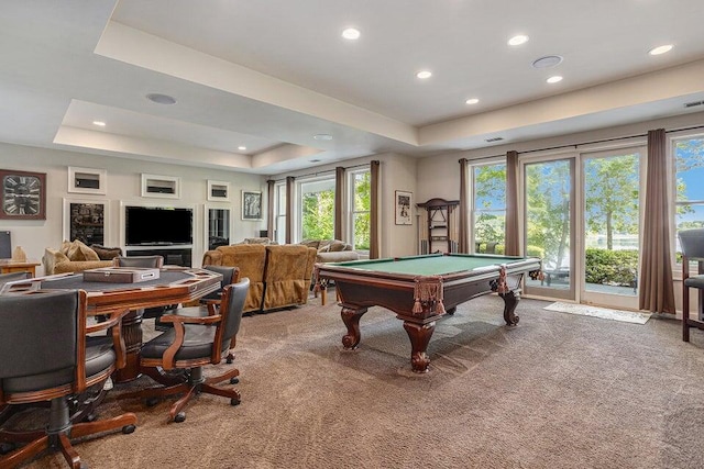 playroom featuring a tray ceiling, carpet, billiards, visible vents, and recessed lighting