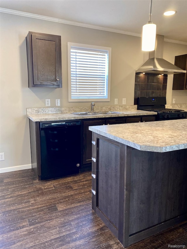 33123 Aspen Ct, New Haven, MI 48048 - kitchen with black appliances, wall chimney range hood, dark wood-type flooring, light countertops, and crown molding