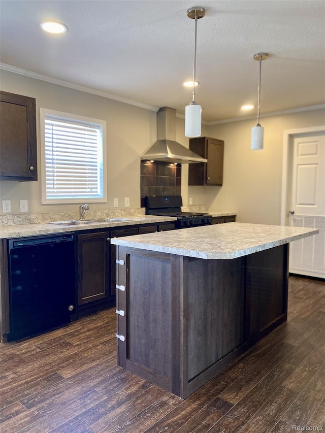33123 Aspen Ct, New Haven, MI 48048 - kitchen with black appliances, island exhaust hood, crown molding, light countertops, and dark wood-style floors