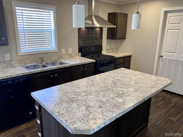 33123 Aspen Ct, New Haven, MI 48048 - kitchen featuring black appliances, wall chimney range hood, dark wood-type flooring, a kitchen island, and crown molding
