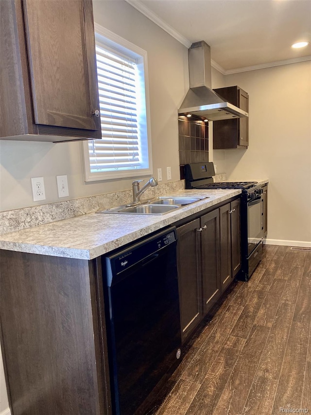 33123 Aspen Ct, New Haven, MI 48048 - kitchen featuring black appliances, wall chimney exhaust hood, dark wood-style flooring, dark brown cabinetry, and crown molding