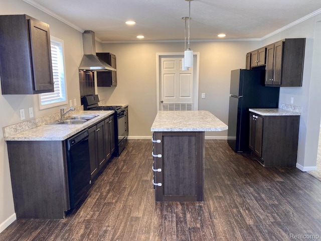 33123 Aspen Ct, New Haven, MI 48048 - kitchen with black appliances, wall chimney range hood, dark wood finished floors, light countertops, and crown molding