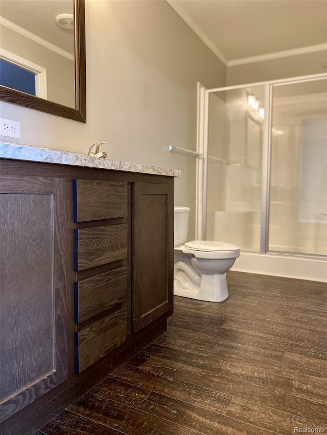 33123 Aspen Ct, New Haven, MI 48048 - full bathroom with crown molding, hardwood / wood-style flooring, a stall shower, and vanity