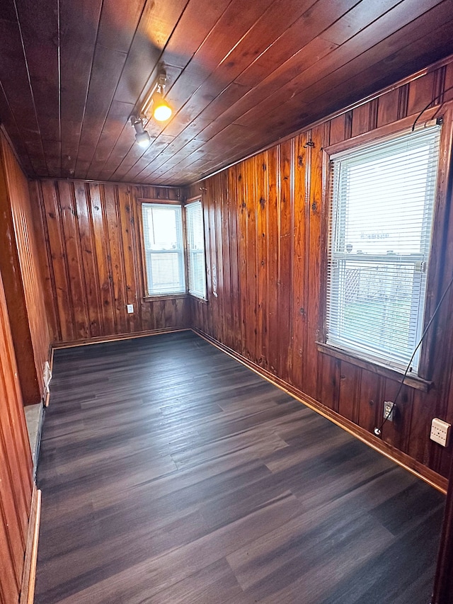 empty room featuring dark wood-style floors, wooden walls, and wooden ceiling