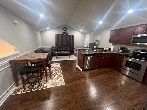 kitchen with vaulted ceiling, dark wood-type flooring, a peninsula, stainless steel appliances, and recessed lighting