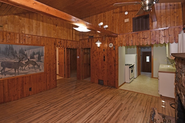 4331 N Burr Oak Rd, Lincoln, MI 48742 - interior space featuring hardwood / wood-style floors, wooden walls, ceiling fan, wooden ceiling, and a sink