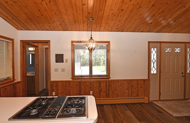 4331 N Burr Oak Rd, Lincoln, MI 48742 - kitchen featuring a baseboard heating unit, wainscoting, dark wood-style flooring, wooden walls, and a chandelier