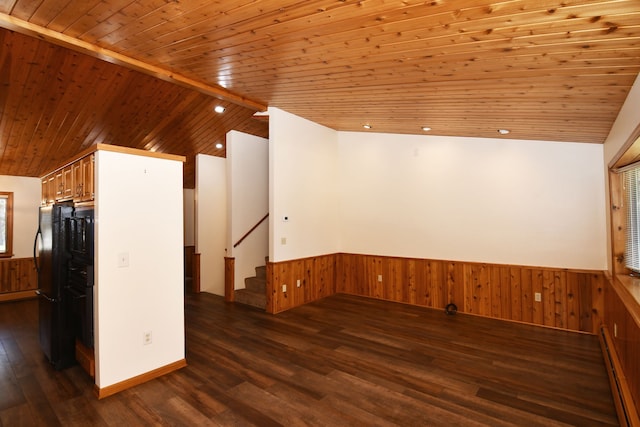4331 N Burr Oak Rd, Lincoln, MI 48742 - unfurnished room with wooden ceiling, a wainscoted wall, a baseboard radiator, dark wood-type flooring, and wooden walls