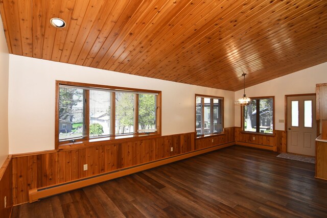 4331 N Burr Oak Rd, Lincoln, MI 48742 - spare room featuring a wainscoted wall, vaulted ceiling, a chandelier, wooden walls, and plenty of natural light