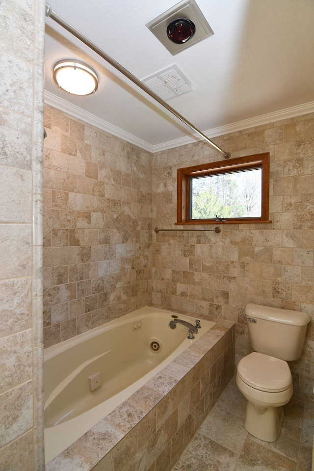 4331 N Burr Oak Rd, Lincoln, MI 48742 - full bathroom featuring crown molding, a jetted tub, toilet, tile walls, and a shower