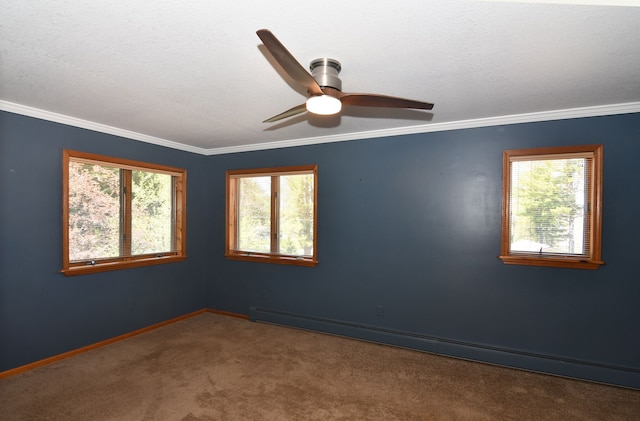 4331 N Burr Oak Rd, Lincoln, MI 48742 - carpeted empty room featuring baseboard heating, ceiling fan, crown molding, and baseboards