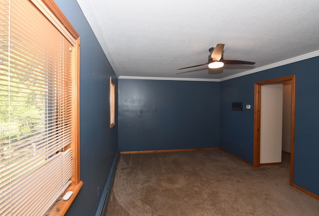 4331 N Burr Oak Rd, Lincoln, MI 48742 - carpeted empty room with a ceiling fan, baseboards, a textured ceiling, and ornamental molding