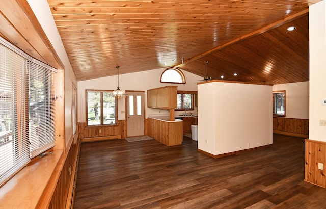 4331 N Burr Oak Rd, Lincoln, MI 48742 - kitchen with dark wood-type flooring, vaulted ceiling, a peninsula, a sink, and hanging light fixtures