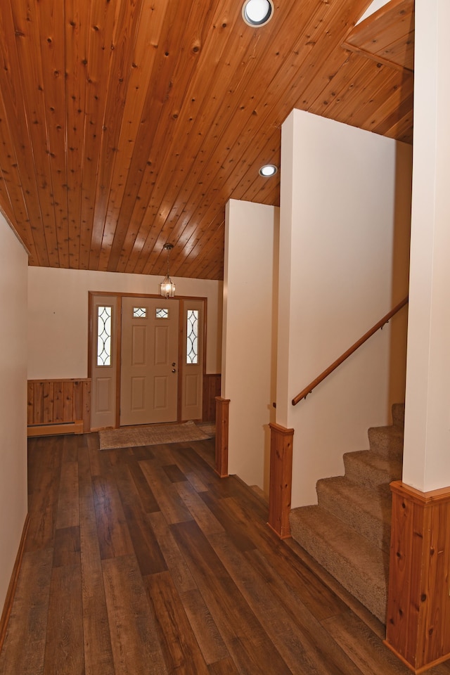 4331 N Burr Oak Rd, Lincoln, MI 48742 - foyer with hardwood / wood-style flooring, wooden ceiling, stairs, and recessed lighting