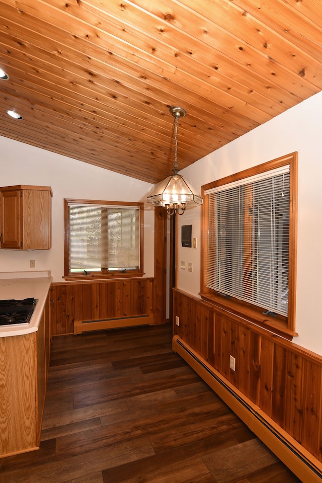 4331 N Burr Oak Rd, Lincoln, MI 48742 - unfurnished dining area with a baseboard heating unit, wainscoting, wooden walls, a chandelier, and wood ceiling