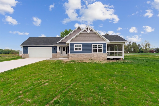 4050 Cayman Dr, Dewitt, MI 48820 - craftsman-style house featuring driveway, a front yard, a garage, stone siding, and a sunroom