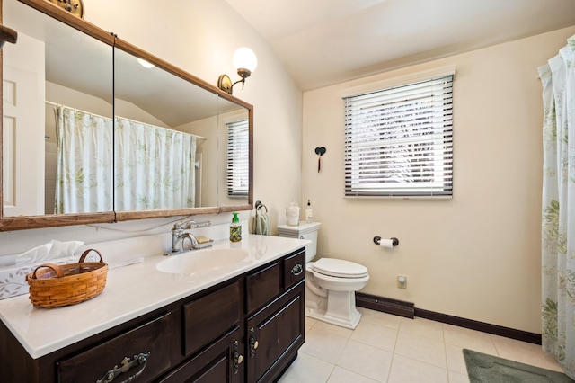 2266 Thunderbird Dr, Niles, MI 49120 - full bathroom featuring toilet, vanity, lofted ceiling, tile patterned flooring, and baseboards